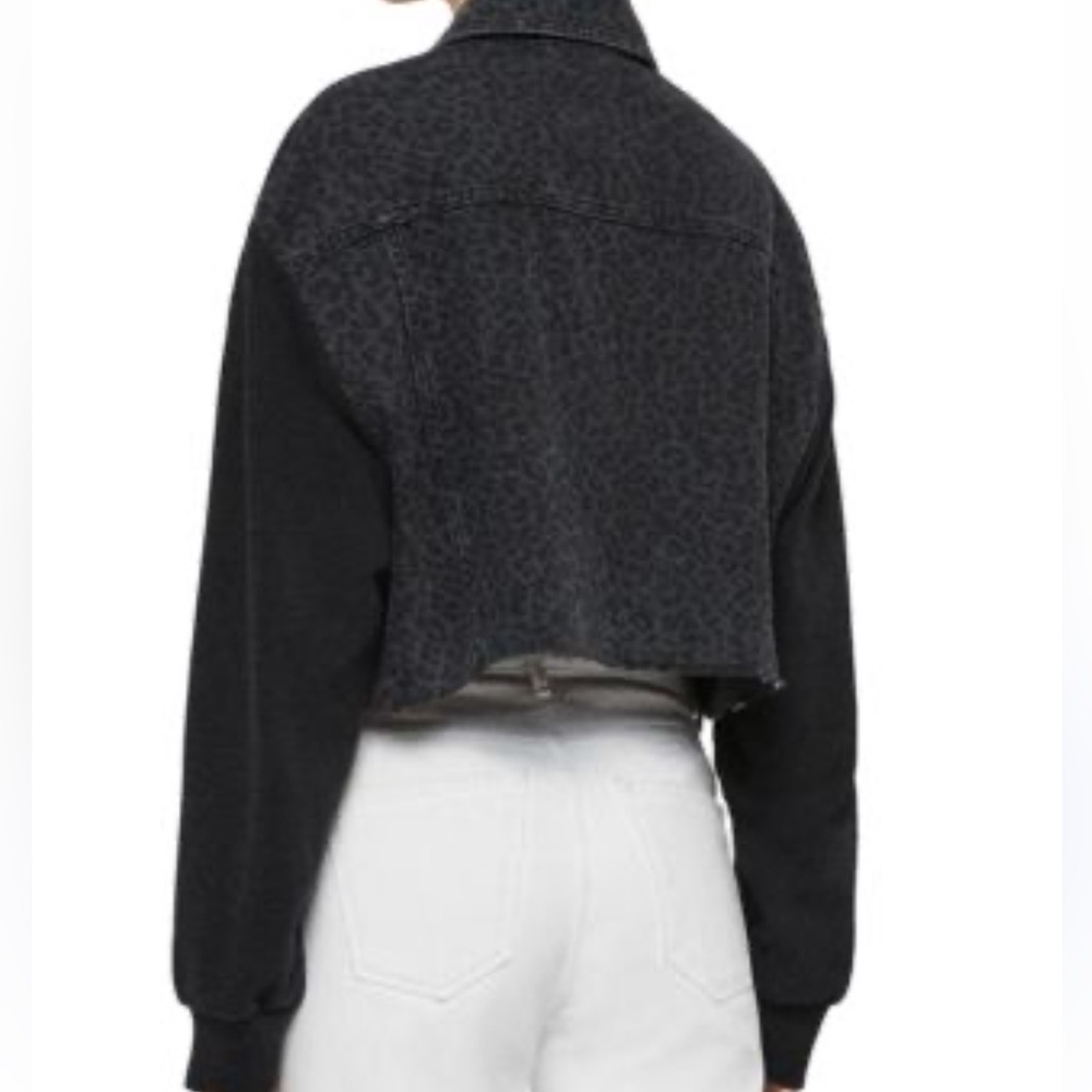 All Saints Anders Leo Mixed Media Cropped Denim Jacket in Washed Black Sz M/L - Picture 2 of 10